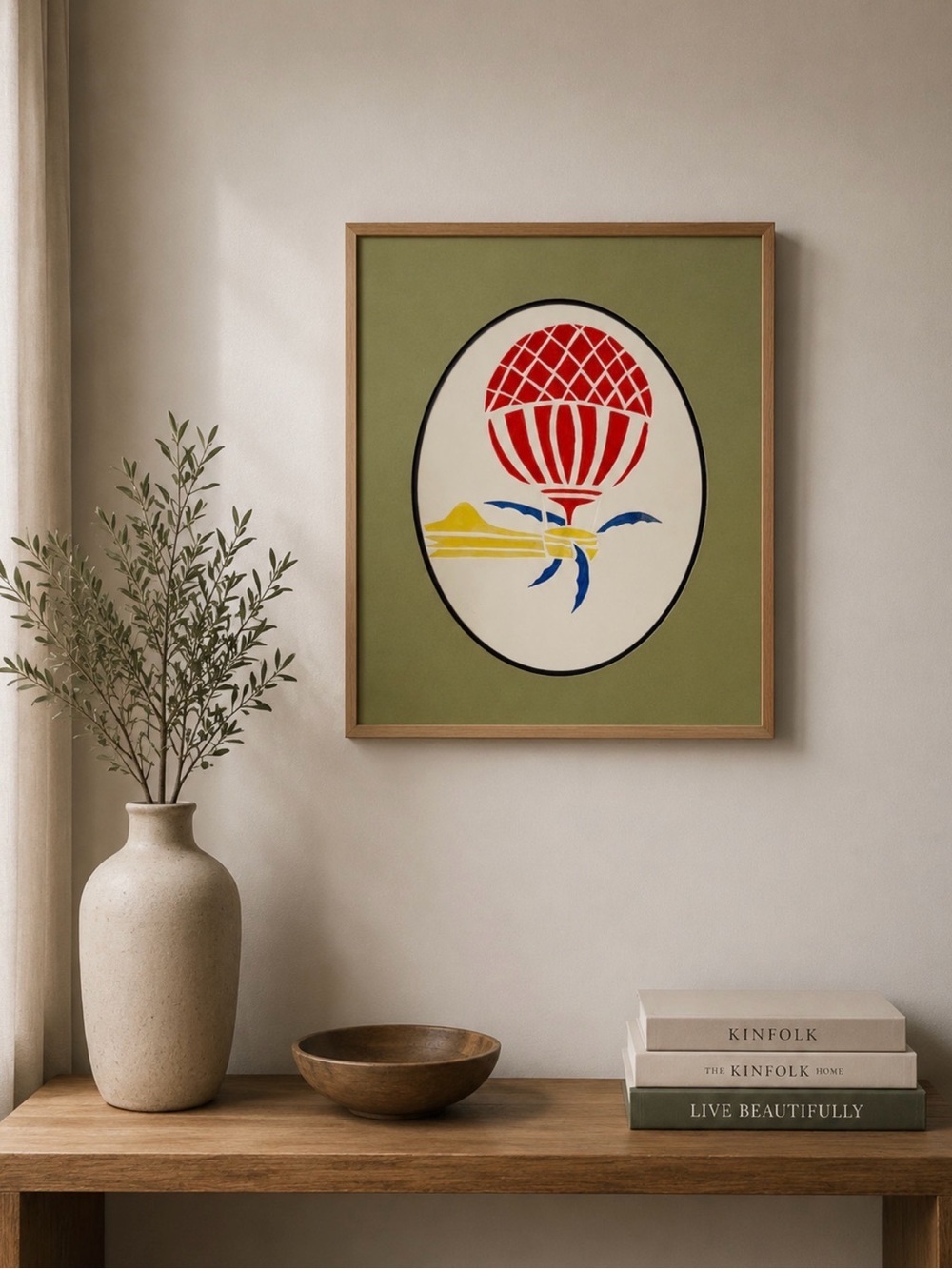 Framed Abstract Floral Art Print - Olive Green, Red, Blue